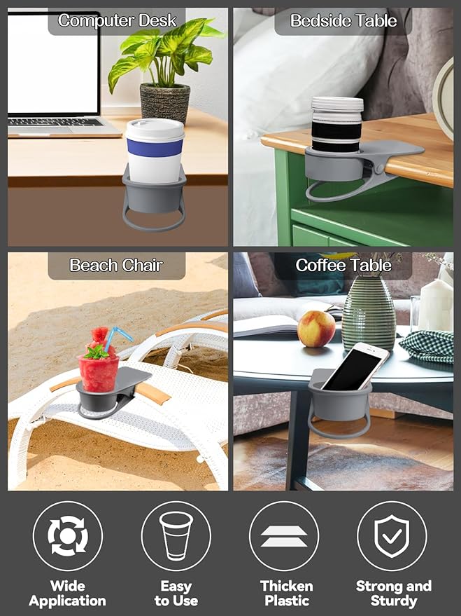 2PCS Drinking Cup Holder, Kalolary Desk Bottle Cup Stand DIY Glass Clamp Storage Saucer Clip Water Coffee Mug Holder Saucer Clip Design for Home & Office, Grey