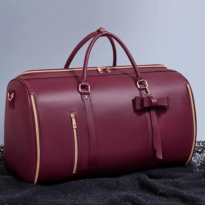 Garment Bags for Travel, Convertible Suit Travel Bag for Women, Cute Carry On Garment Bag w/Shoes Pouch, 2 in 1 Foldable PU Leather Hanging Duffle Bag, Single-Zipper Design, Sangria