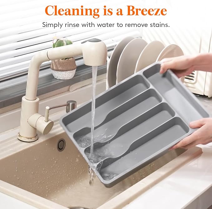 Lifewit Silverware Organizer with Lid, Covered Utensil Tray for Kitchen Drawer and Countertop, Plastic Cutlery and Flatware Storage Box for Spoons Forks Knives Holder Case, 5 Compartments, Gray