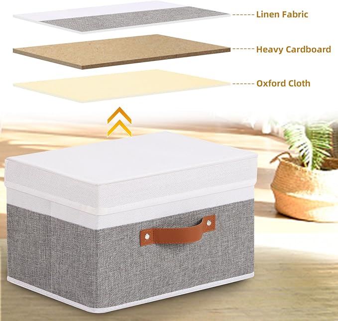YheenLf Fabric Storage Bin, Storage Basket with Lids, Closet Organizer Box with Handles for Shoes Books Towels, White and Grey, 1 Pack, 13 x 9.1 x 7.9 Inch