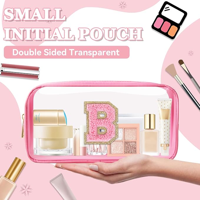 Small Clear Personalized Initial Makeup Bag,Nylon Preppy A-Z Chenille Letter Patch Cosmetic Pouch Beach Toiletry Bag,Waterproof Zipper Travel Purse Storage Bag Organizer for Women Girls(Pink-Pink B)