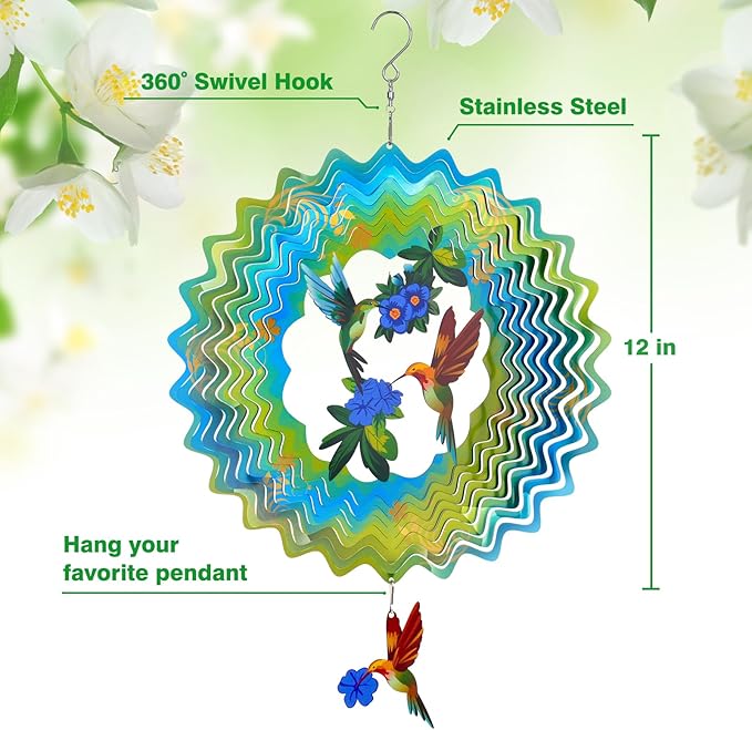 Wind Spinners - 12 Inches Hummingbird Wind Sculptures, 3D Reflective Metal Wind Spinner for Yard and Garden, Home, Outside, Patio Decor, Gifts for Mom, Daughter, Grandma's Birthday, Blue Green