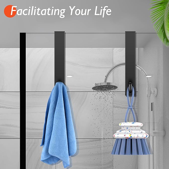 Kontoyo Shower Door Hooks(10 Inch),Extended Over Door Hooks for Bathroom Frameless Glass Shower Door,Stainless Steel Towel Hooks,Heavy Duty Rack Hooks for Robe,Towel-2 Pack-Black