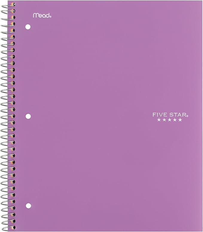 Five Star Spiral Notebook + Study App, 5 Subject, College Ruled Paper, 8-1/2" x 11", 200 Sheets, Fights Ink Bleed, Water Resistant Cover, Amethyst Purple (38748)