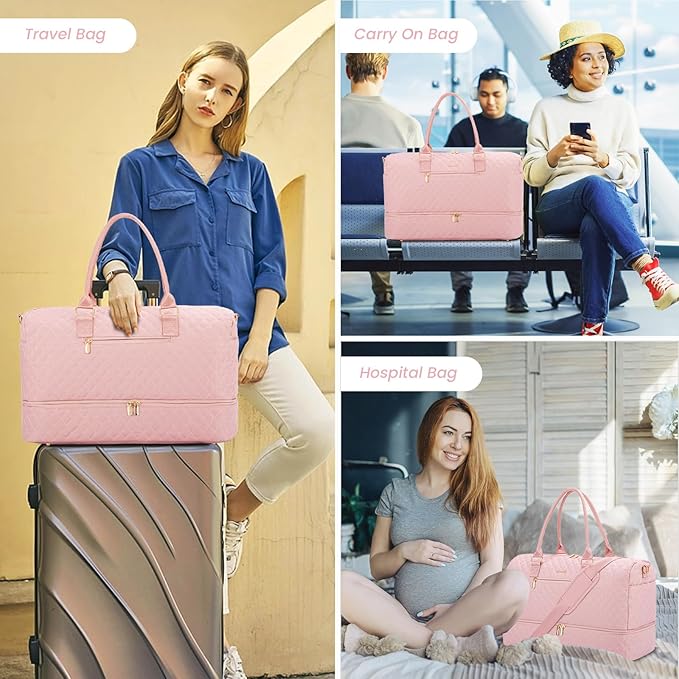 LOVEVOOK Travel Duffle Bag for Women, Weekender Overnight Bag with Shoe Compartment, Carry-on Bag with Toiletry Bag, Gym Duffel Bag with Wet Pocket, Hospital Bags for Labor and Delivery, 3-Piece Set