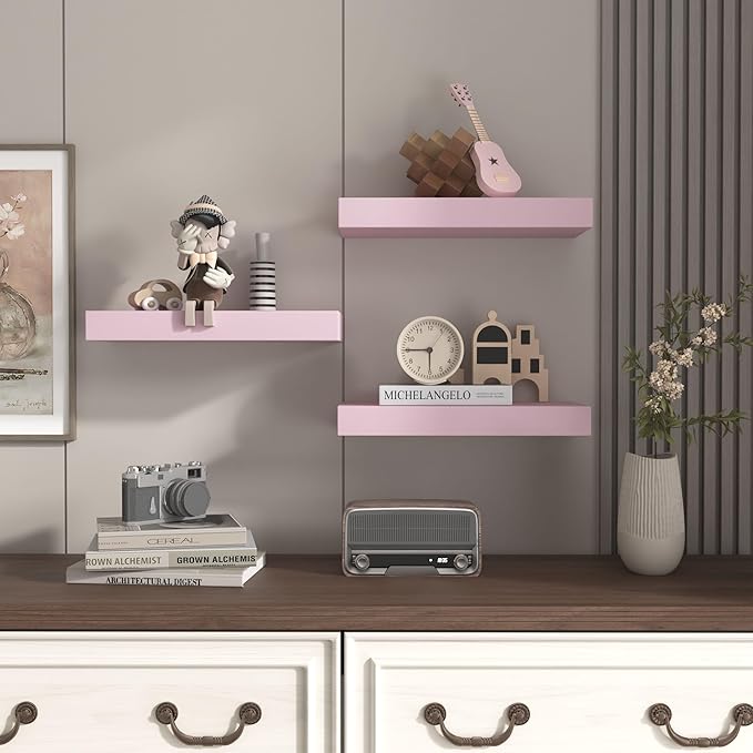 Small Pink Floating Shelves for Wall - 12 x 9 Inch Shelves for Bedroom, Living Room, Bathroom, Kitchen, Office Decor Set of 3