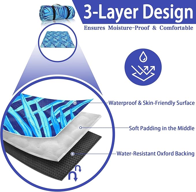 PY SUPER MODE Picnic Blankets Extra Large, Waterproof Foldable Outdoor Beach Blanket Oversized 83x79” Sandproof, 3-Layer Picnic Mat for Camping, Hiking, Travel, Park, Concerts (Blue Leaves)