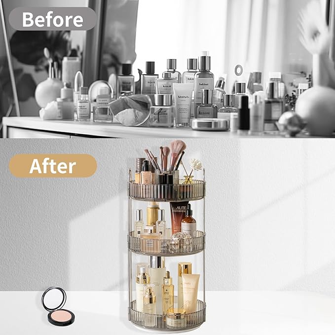 360 Rotating Makeup Organizer, 3-Tier Large Capacity Makeup Organizers and Storage, Skincare Perfume Vanity Organizers, Bathroom Cosmetics Storage Organizer Countertop (Grey)