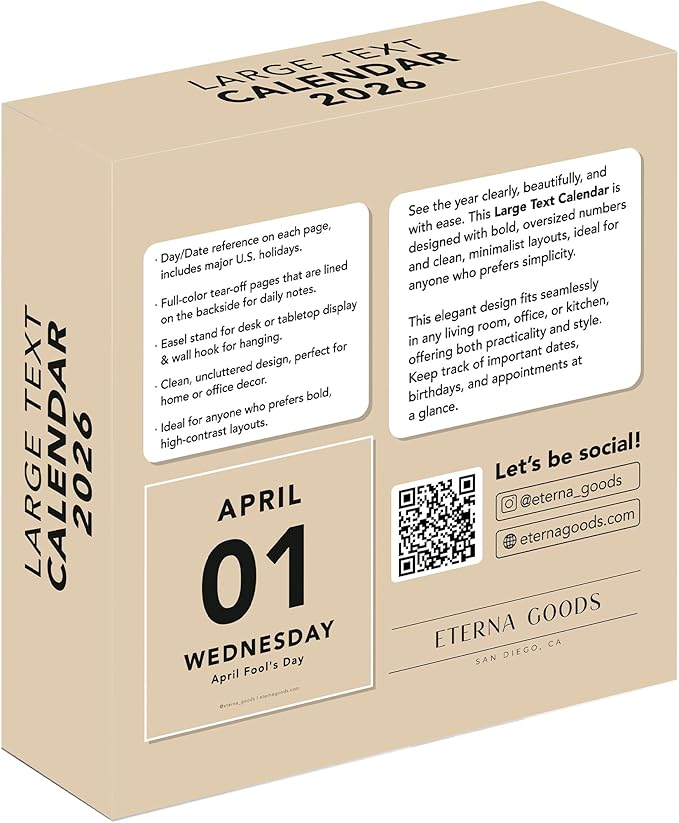 2026 Large Text Daily Calendar | Today Is Box Calendar with Big Dates For Easy Reading, Great for Home or Office, Calendar Gift For Her or Him. Hanging Wall Calendar for Work