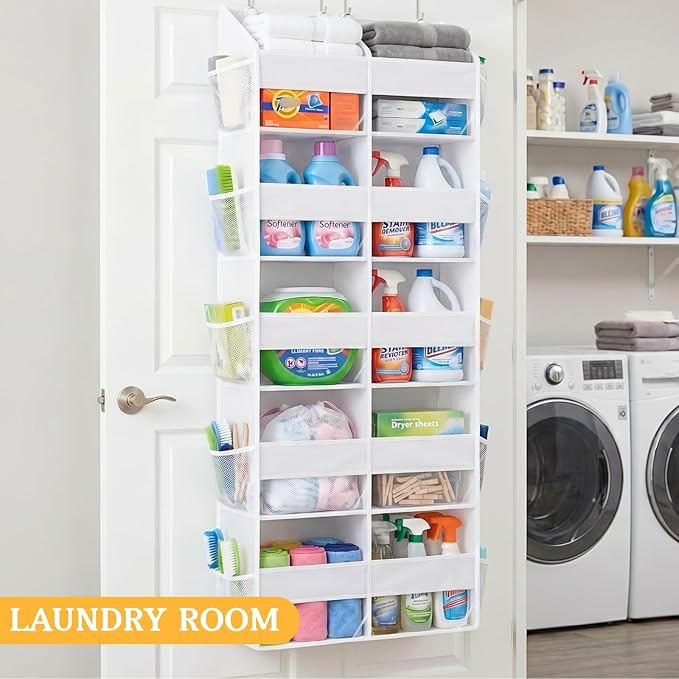 Over The Door Organizer 5 Tiers, Extra Large Behind Door Storage of 10 Compartments, 80 lbs Weight Capacity Hanging Storage Organizer with Clear Window Kids Toys, Shoes,Diapers, Room Storage, White