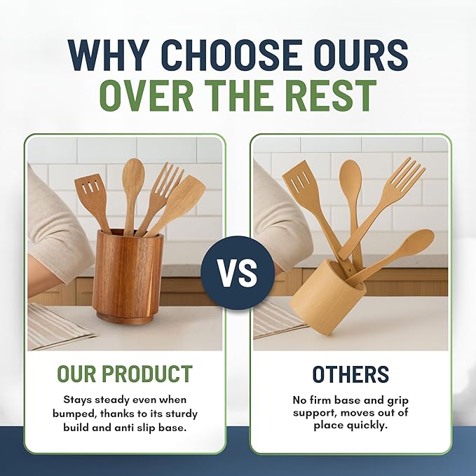 Linda's Essentials Acacia Wooden Utensil Holder for Kitchen Counter, 7.2" Wood Utensil Holder Counter, Kitchen Utensils Holder with 360° Rotation, Non-Slip Large Utensils Holders, Spatula Holders