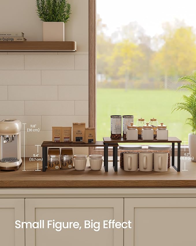 SONGMICS Cabinet Organizer Shelf, Set of 2 Kitchen Counter Shelves, Kitchen Storage, Spice Rack, Stackable, Expandable, Metal and Engineered Wood, Natural Walnut and Matte Black UKCS025K01