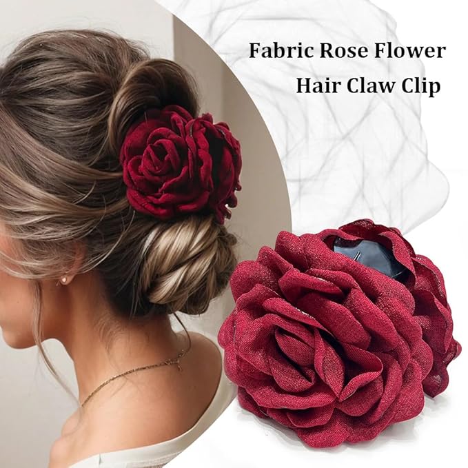 4pcs Handmade Fabric Rose Flower Hair Claw Clip for Women Girls, 3.94" Large Boho Hawaiian Floral Hairpins Barrettes for Thick Thin Hair Styling Accessories(Red Green)