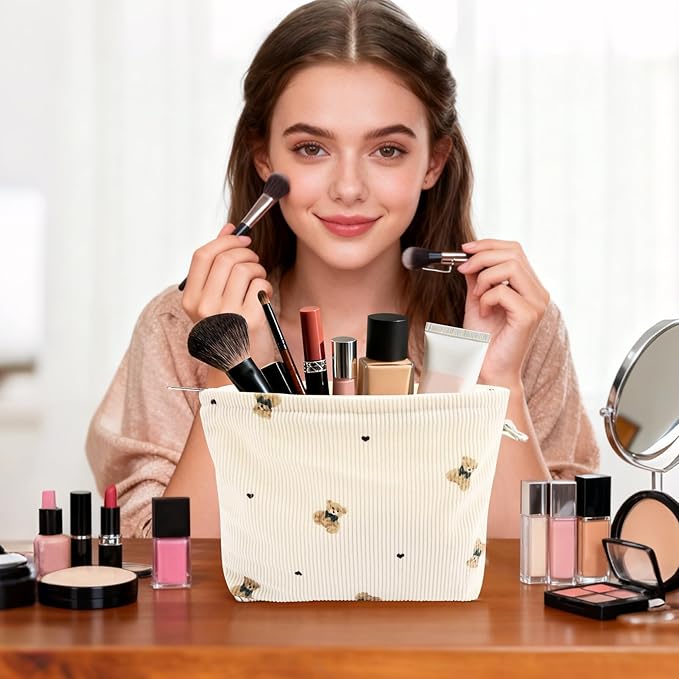 ZLFSQR Corduroy Makeup Bag for Women Small Corduroy Cosmetic Bag Large Cute Bear Travel Makeup Pouch for Purse White Cloth Cosmetic Pouch Zipper Storage Organizer Canvas Toiletry Bags