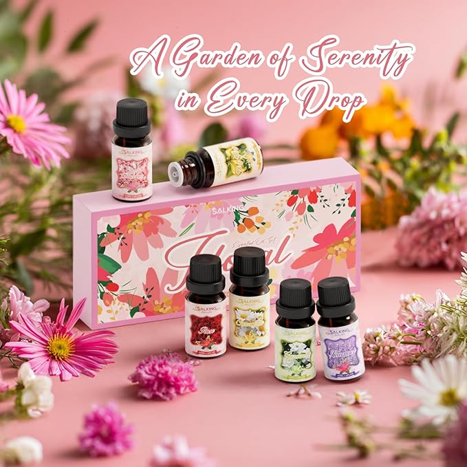 SALKING Floral Essential Oils Set, Premium Pure and Natural Essential Oils, Fragrance Oil Scented Oils for Oil Diffusers 6 x 10 ML - Lavender, Rose, Cherry Blossom, Ylang Ylang, Gardenia, Chamomile