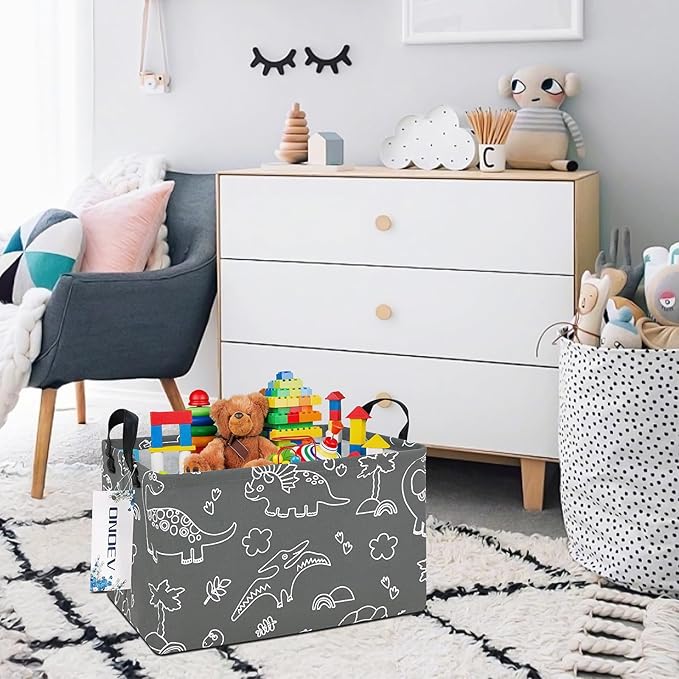 Rectangular Dinosaur Basket Waterproof Storage Bin Gift Box Children's Toy Organizer Box Room Decoration Basket(Gray Line Dinosaur)