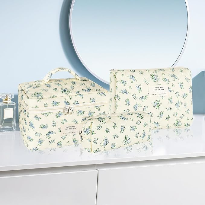 3Pcs Makeup Bag Quilted Cotton Cosmetic Bags for Women Large Small Blue Makeup Pouch Set Cute Coquette Floral Travel Bags Portable Skincare Toiletry Bag Vintage Puffy Essential Organizer