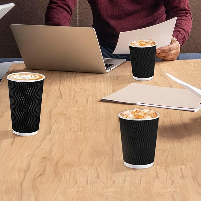 Lamosi 12 oz Disposable Coffee Cups - 120 Pack, Insulated Corrugated Paper Cups 12 oz, Kraft Ripple Wall Cups for Hot Beverage or Cold Drinks Office/Home/Party/Travel/Cafe (Black)