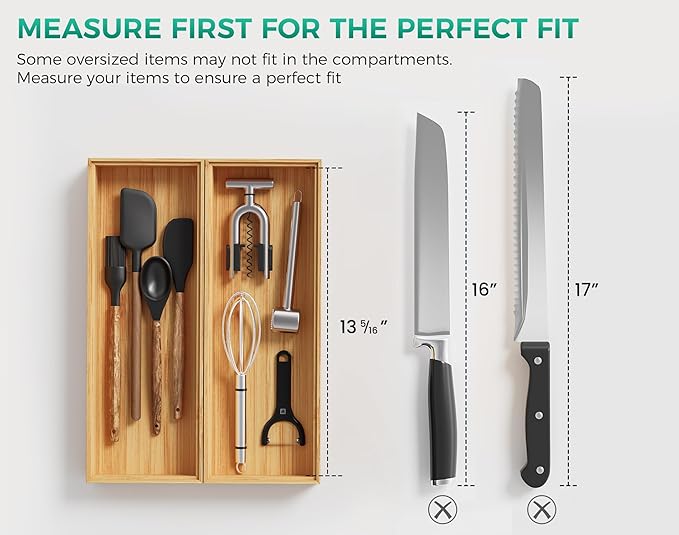 Bamboo Kitchen Drawer Organizer Boxes – 14" x 5" Stackable Wood Silverware Utensil Tray for Drawers, Cutlery & Flatware Storage – Wooden Organizers Set of 2 for Junk Drawer Bins, Bathroom, RV