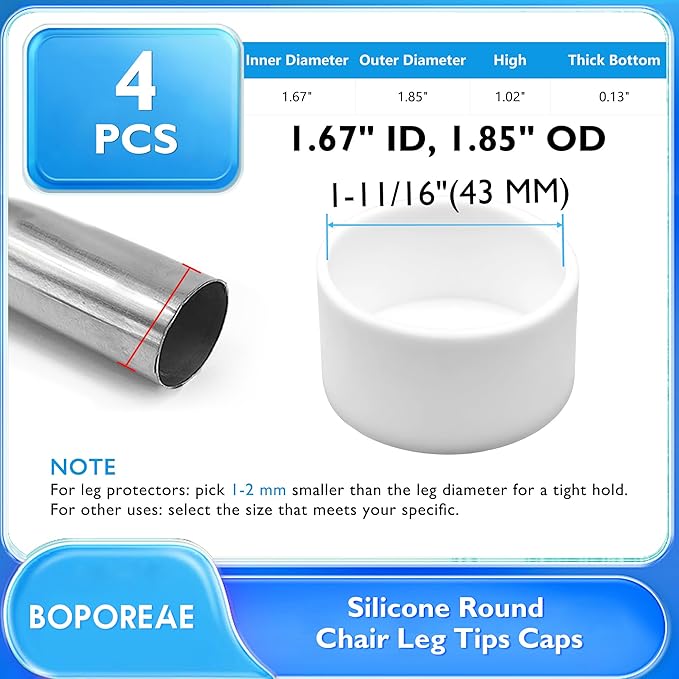 BOPOREAE 4 Pcs 1-11/16"(43 mm) Round Chair Leg Tips Caps, Silicone Rubber Furniture Leg Floor Protectors, Reduce Noise Folding Metal Chair Leg Cap Replacement for Bar Stool Leg Patio Indoor, White