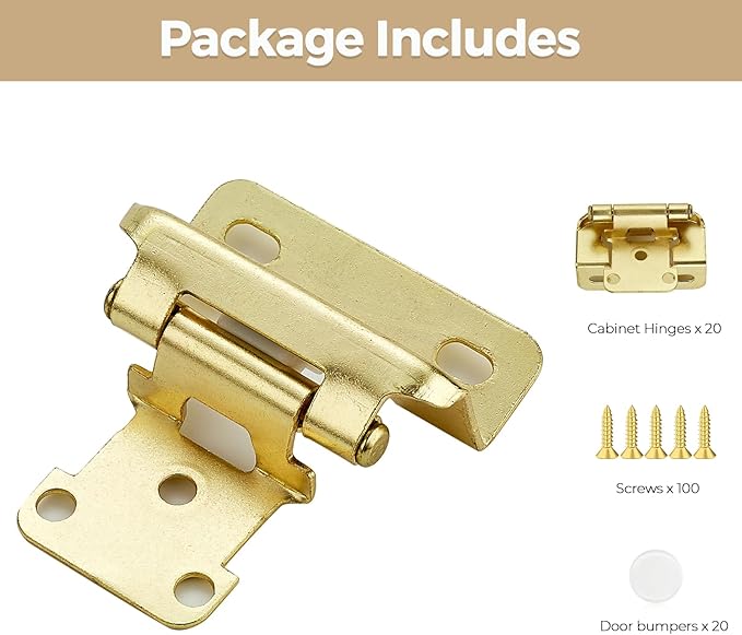 20 Pack 10 Pair Gold Cabinet Hinges - 1/2 inch Overlay Kitchen Cabinet Hinges, Partial Wrap Around Cabinet Door Hinges for Face Frame Cabinet, Self Closing Gold Face Mount Cabinet Hardware