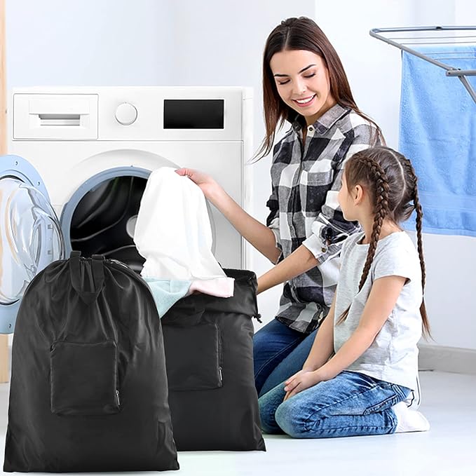 2 Pcs Travel Laundry Bag, JHX Dirty Clothes Bag 【Upgraded】 with Handles and Aluminum Carabiner, Collapsible Laundry Bag for Travel, Camp, Fitness, and Students (Black) 24"L x 21"W