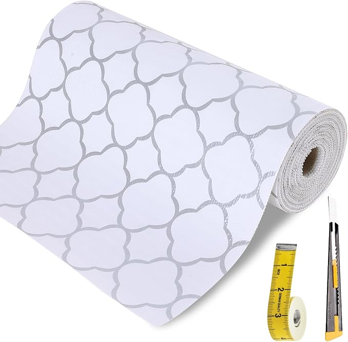 Shelf Liners for Kitchen Cabinets 23.6in x 20FT Non Adhesive Drawer Liner Silver Quatrefoil Shelf Liner Paper Strong Non-Slip Easy to Clean for Tool Box Refrigerator with Knife and Tape Measure