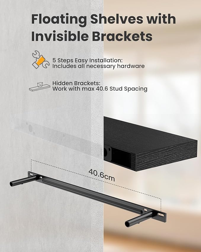 AMADA HOMEFURNISHING Floating Shelves Wall Mounted, 24 x 7 Inch Wall Shelves for Bathroom, Bedroom, Living Room, Black Shelves Set of 2 | Wall Shelves