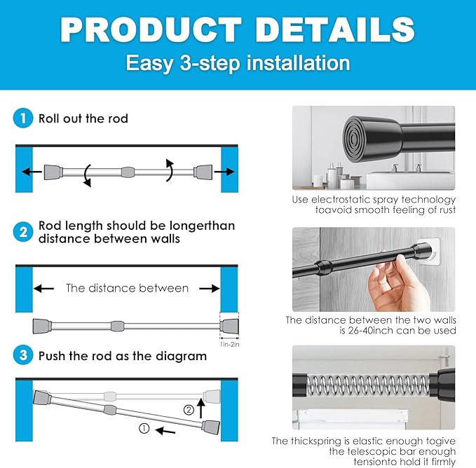 4Pcs Tension Curtain Rod 26-39 inch Spring Tension Rods Black Tension Rods Adjustable Spring Rod Extendable Tension Rod For Kitchen, Bathroom, Window, Bookshelf,Closet.