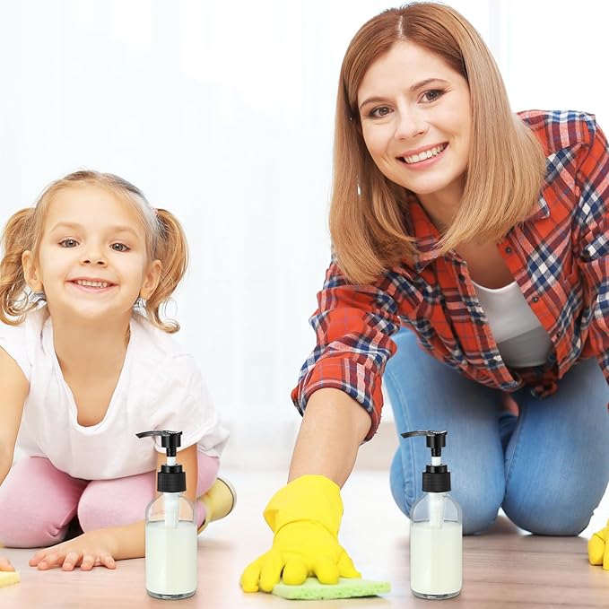 Fumete 2 Pack Glass Bottles 4oz Empty Refillable Liquid Containers with 1 Label 1 Funnel for Essential Oils Hair Travel Plants Cleaning Skin Care(Clear, Black Top,Pump Bottle)