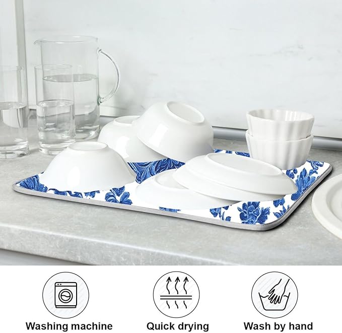Blue White Porcelain Floral Dish Drying Mat for Kitchen Countertop 18x24 Rectangle Large Drying Mat Reusable Quick Dry Dish Sink Absorbent Mats Dishwasher Easy Clean Decorative Home Decor Essentials