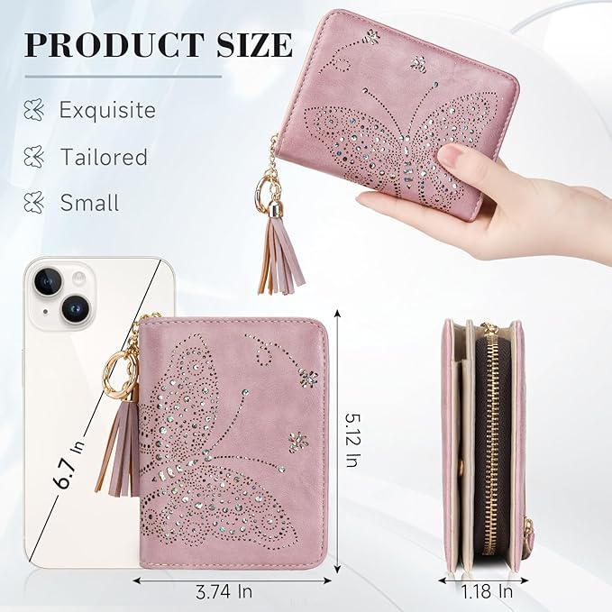 Women RFID Blocking Small Bifold Wallet, Compact Cash Clutch with Zipper Coin Pocket, Glittery Butterfly Design, Credit Card Holder, Travel Purse with Tassel PURPLE