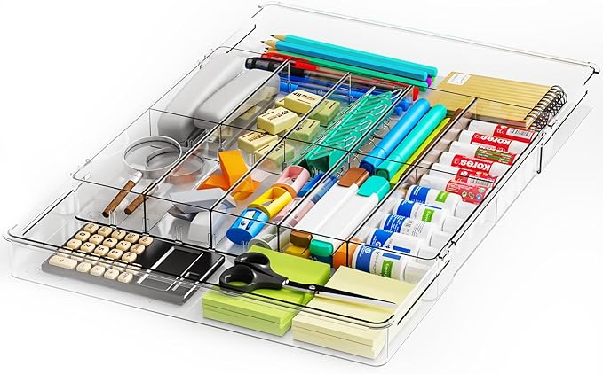 Yieach Large Expandable Desk Drawer Organizer Tray for Office Supplies and Accessories With 12 Adjustable Compartments,Office Drawer Organizers for Pencil,Pen and Kitchen Junk Drawer Organizer,Clear