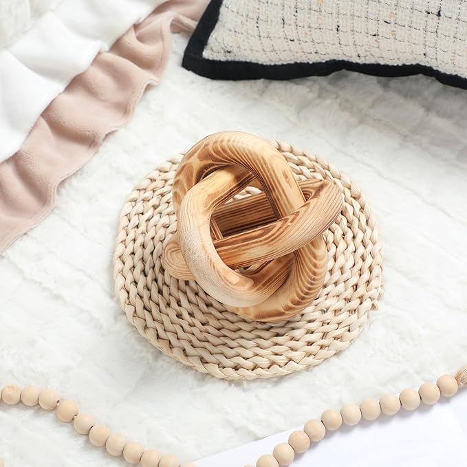 3 Link Wood Knot Decor - Hand Carved Coffee Table Decoration, Boho Chain Link Decor, Modern Shelf, Rustic Objects for Home Living Room Bedroom (Burnt)