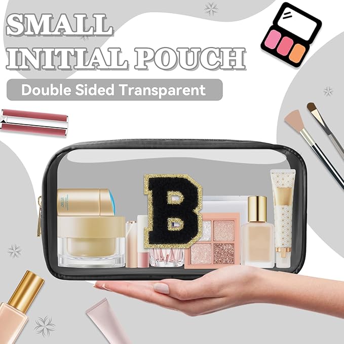 Small Clear Personalized Initial Makeup Bag,Nylon Preppy A-Z Chenille Letter Patch Cosmetic Pouch Beach Toiletry Bag,Waterproof Zipper Travel Purse Storage Bag Organizer for Women Girls(Black-Black B)