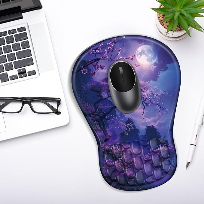 YIWEI Ergonomic Mouse Pad with Wrist Rest - Comfortable Office Mousepad with Memory Foam Wrist Support for Carpal Tunnel Relief, Mouse Pads with Non-Slip Base for Gaming and Home (Moonlit Night)