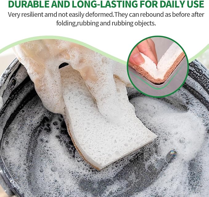 Sponges Kitchen Natural Dish Sponge Plant-Based Biodegradable Compostable Cellulose with Coconut Scrubber Sponge Non Scratch Eco Friendly Kitchen sponges for Kitchen Dishes(Pack of 24)