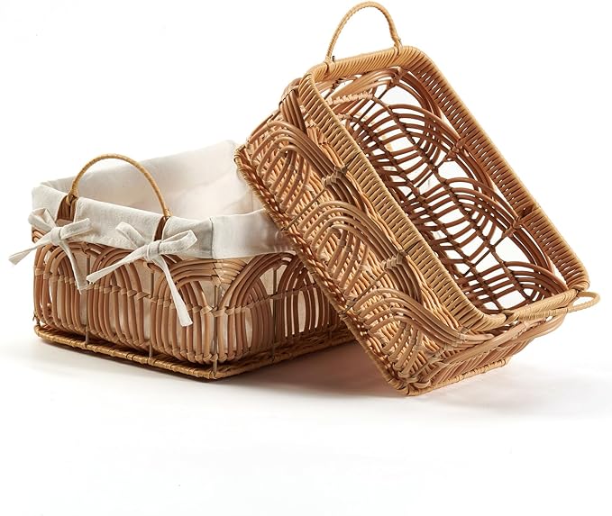 VinneGenzz 2PCS Plastic Wicker Storage Baskets Set Decorative Bohemian Handmade Woven Bathroom Boxes Bins Shelf Closet Cloth Toilet Paper Container Laundry Organizer with Handles Removable Liner