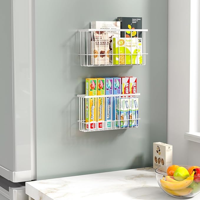 NiHome Magnetic Metal Basket Organizers, Dryer Ball Holder, 2PCS Medium & Small, Versatile Storage for Kitchen & Office Holds Up to 14 lbs, Easy Attach to Refrigerator or Any Magnetic Surface (White)