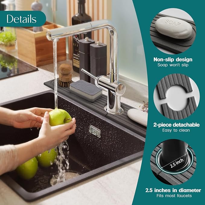 Kitchen Sink Faucet Mat - 15.7in Diatomite Sink Protectors for Kitchen Sink, Stone Sink Splash Guard for Kitchen Counter Sink Accessories (Dark Grey, 15.7'' x 3.9'')