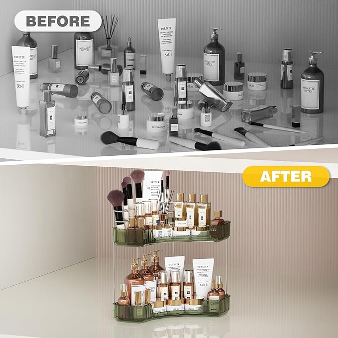 2-Tier Corner Bathroom Counter Organizer with Top Toothbrush Holders,Large Makeup Organizer Countertop with Brush Holder,Skincare Organizers Corner,Exquisite Vanity Organizer(Green, 2 Tier)