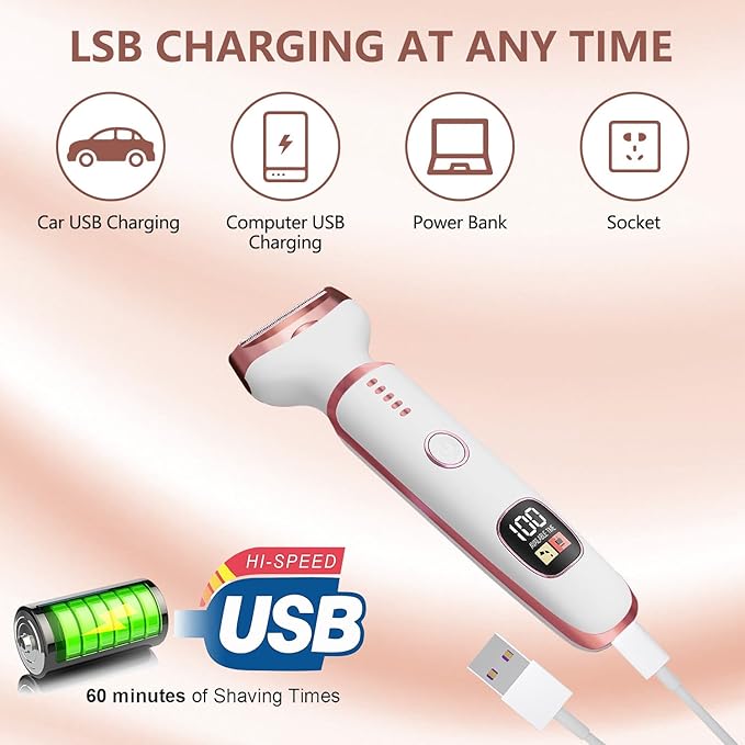 Women's Cordless Portable 5-in-1 Painless Shaver, Suitable for Body, Face, Nose Hair Trimmer, Bikini Area, Armpits, Pubic Hair, Underarms, Legs, and Eyebrows