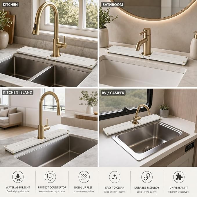 Stone Faucet Mat for Kitchen Sink, Water Absorbing Sink Tray Organizer for Bathroom Counter, Diatomite Soap Dish Coaster Caddy Riser, Sponge Holder Dispenser Mat, Gold White 23.6" x 4"