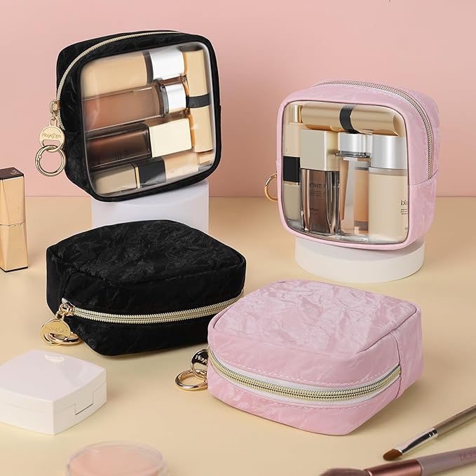 4.9" Clear Small Makeup Bag, Mini Marble Cosmetic Bag for Purse, Portable Small Travel Makeup Pouch for Women, Birthday/Wedding/Christmas Gifts (Black)