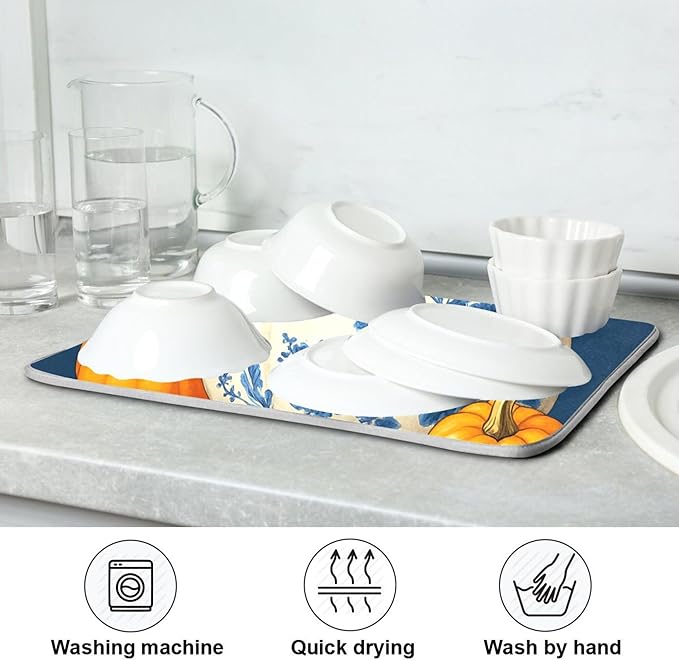 Pumpkin Porcelain Blue White Dish Drying Mat for Kitchen Countertop 18x24 Fall Maple Leaves Thanksgiving Day Large Drying Mat Reusable Quick Dry Dish Sink Mats Easy Clean Autumn Decorative Essentials