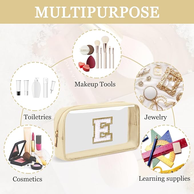 Small Clear Personalized Initial Makeup Bag,Nylon Preppy A-Z Chenille Letter Patch Cosmetic Pouch Beach Toiletry Bag,Waterproof Zipper Travel Purse Storage Bag Organizer for Women Girls(Beige-White E)