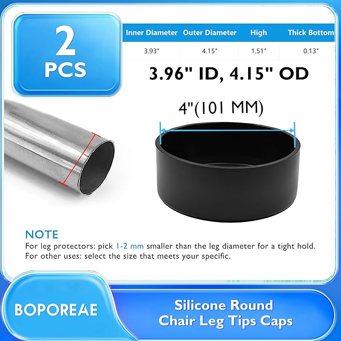 BOPOREAE 2 Pcs 4" (101 mm) Round Chair Leg Tips Caps, Silicone Rubber Furniture Leg Floor Protectors, Reduce Noise Folding Metal Chair Leg Cap Replacement for Bar Stool Leg Patio Indoor, Black