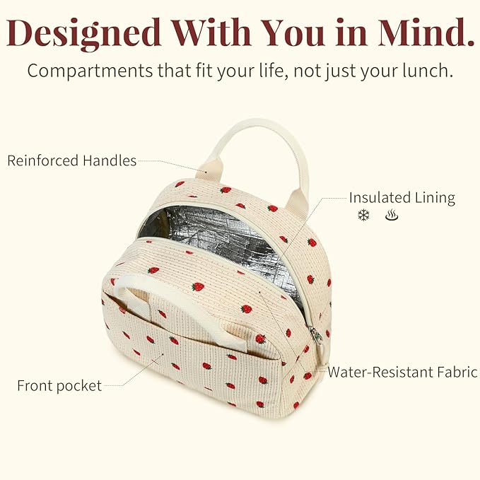 LOVELYWIND Insulated Pink Lunch Bag for Women, Stylish Corduroy Tote with Aluminum Lining, Large Capacity Reusable Cooler for Work, Travel, Beach or Picnic, Pink Floral Water-Resistant Lunch Box