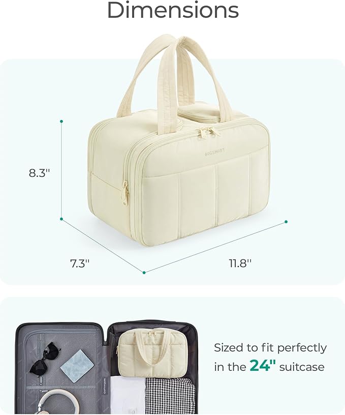BAGSMART Travel Toiletry Bag, Puffy Large Toiletry Bag for Women, Lightweight Cosmetic Makeup Bag Organizer with Handle for Traveling, Accessories, Essentials, Toiletries (Beige