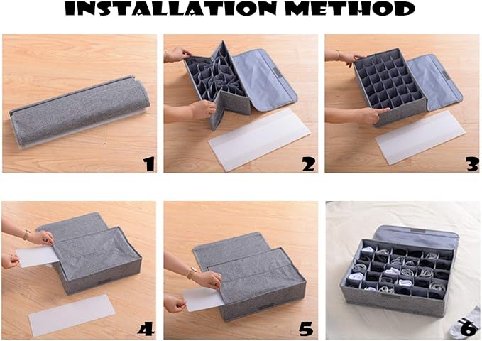 AARAINBOW 2 Packs Underwear Socks Ties Storage Organizer with Lids Foldable Closet Drawer Organizer 60 Cells, Fabric Drawer Wardrobe Divider Storage Boxes for Scarves and Lingerie (30 Cell, 2 Beige)